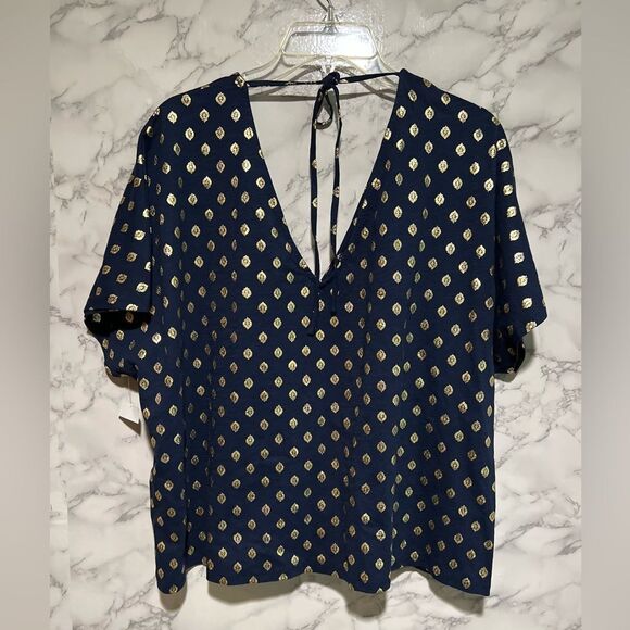 Boden V-Back Leaf Print Jersey Top, French Navy/Gold Size 20/22 - Picture 11 of 12